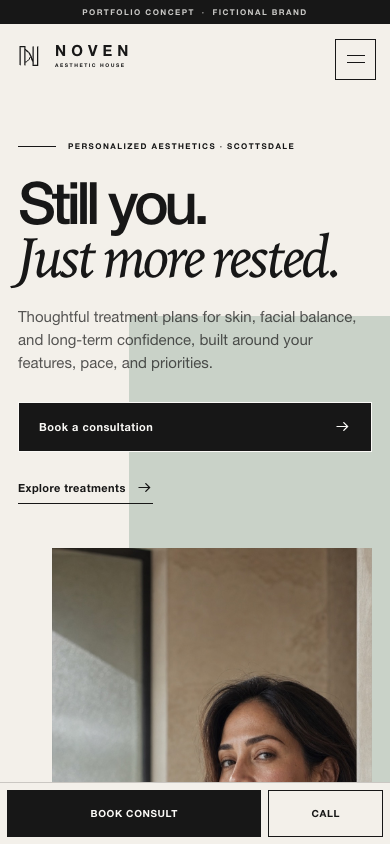 Mobile view of the Noven Aesthetic House website